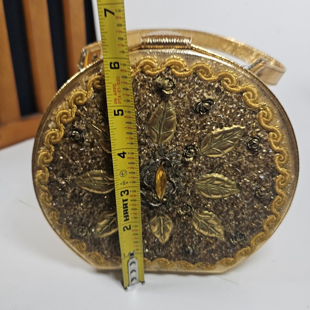 GOLD PURSE HANDBAG GOLD ROUND PRE OWNED Vtg Beaded - Picture 3 of 8